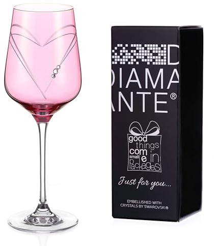 DIAMANTE Wine Glass - Pink Hearts - Single Pink Coloured Giftable Wine Glass with Swarovski Crystals