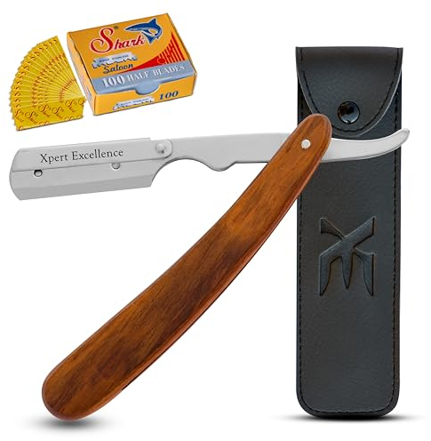 XE Kit Rasoio da Barbiere per Taglia Gola con 100 Lame - Rasoio da Barbiere a Lama Singola con Manico in Legno Rasoio per Gola a Taglio Dritto - Rasoio Ideale per Barba e Baffi