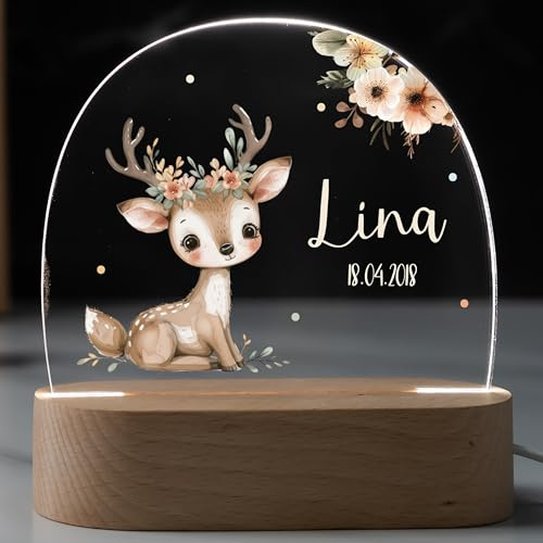 Kidsmood - Individualisiertes Nachtlicht für Babys - Dimmbare LED Nachtlampe für Kinder-Zimmer - Nachttischlampe als personalisierte Geschenke Kinder, Baby-Geschenk zur Geburt [Reh & Blumen]