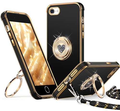 XYZ für iPhone 7/8/SE 2022/SE 2020 Hülle mit Band, Schwarz | Herzen Doppelring Ständer HandyHülle, Frauen Mädchen Dünn Stoßfeste Case mit Handykette, Anti Kratzt SchutzHülle