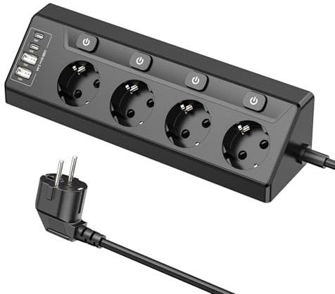 Ecksteckdose mit USB, 4 Fach Steckdosenleiste mit Schalter, Mehrfachsteckdose Steckerleiste mit 2 USB und 2 Type-C, 8 in 1 Überspannungsschutz mit 2M Kabel für Smartphones Tablets, Hause, Schwarz