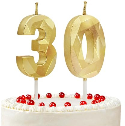 Prebarfun Gold Geburtstagskerzen Zahlen 30, Kerzen 30 Geburtstag für Party | Goldene Kuchendeko, Happy Birthday Kerze, 3D Kerzen Dekorationen für Torte, Hochzeiten, Firmenfeiern, Jubiläen