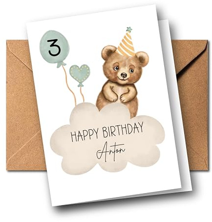 Generisch Personalisierte Kinder Glückwunschkarte mit Bär zum 1. 2. 3. 4. 5. 6. 7. usw. Grußkarte Geburtstagskarte Kind Faltkarte Kindergeburtstag mit Bärchen Waldtier Boho (Bär)