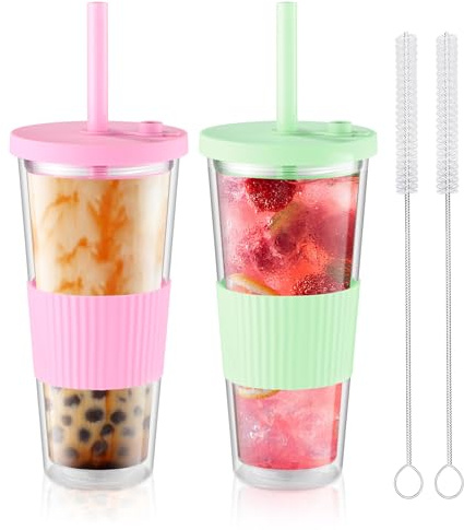 Esilihom 2 Pack Reusable Bubble Tea Cup, Boba and Smoothie Cups, 730ml/24oz Wide Mouth Double Wall Drinking Jars with Straw & Lid, Leakproof for Iced Coffee, Milkshake (Green&Pink)