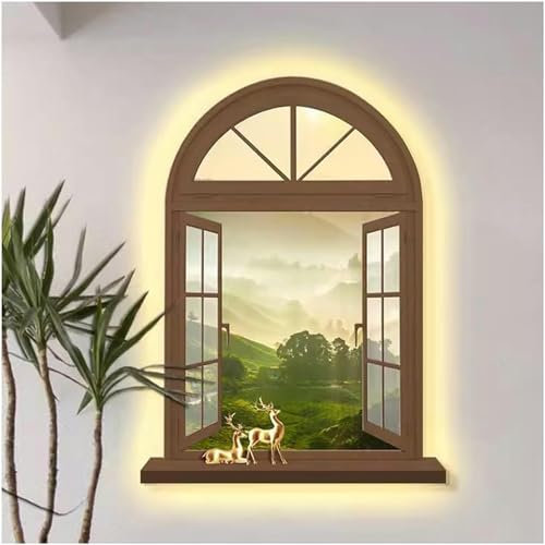 FLTRGO 3D Beleuchtete Wandkunstdekoration, Wandskulpturen Wandhängekunst Mit LED -Licht, Gefälschter Fensterrahmen Blick Auf Das Sonnenlicht Über Der Hügellandschaft, Dekoration Lampenmalerei