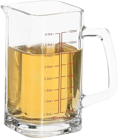 PATIKIL Glass Measuring Cup with Handle, 4 Ounce/120ml Glass Liquid Beaker Liquid Measure Cup with V-shaped Spout and 2 Scales for Kitchen Restaurant, Clear/Red