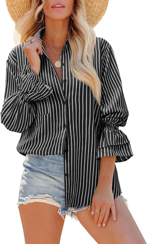 Oversized Button Down Shirts for Women Black and White Smocked Boyfriend Plus Size Blouse Ruffle Casual Tops with Pocket Black and White XL