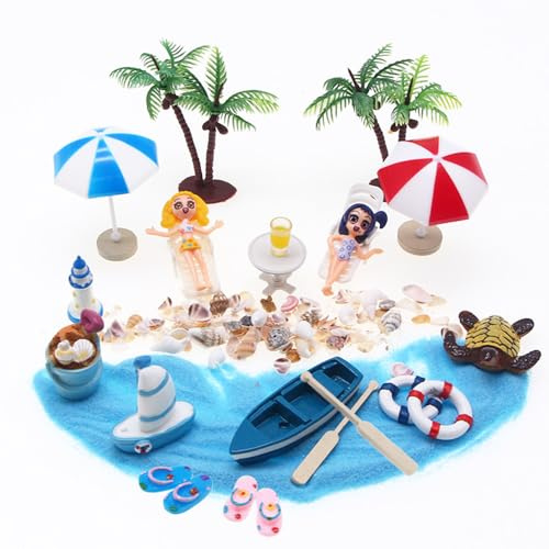 Strand Mikrolandschaft,Mini Stranddekorationen Dekoration Mini Liegestuhl Deko Strandkorb Sonnenschirm Kleine Palme Deko Accessoires Miniatur Ornament Set für DIY,Einzigartiges Geschenk