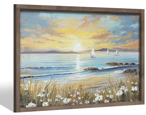 Coastal Wooden Framed Wall Art: Beach Sailboat Sea Wave Seashore Sunset Seascape Painting Print Living Room Seaside Seaweed Floral Rocky Ocean Artwork Relax Scenery Picture Decor for Bedroom Bathroom