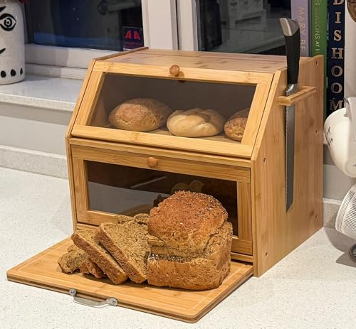 Maison Des Cadeaux Panera grande de bambú con 2 compartimentos y tabla de cortar fácil deslizante