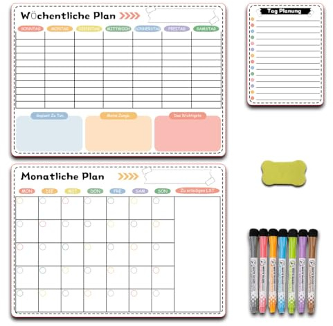 Magnetiska vecko- och månadsplanerare, torrradering magnetisk kalender, Kylskåp Sticky Planner med listtavla, 7 st markörer och 1 radergummi