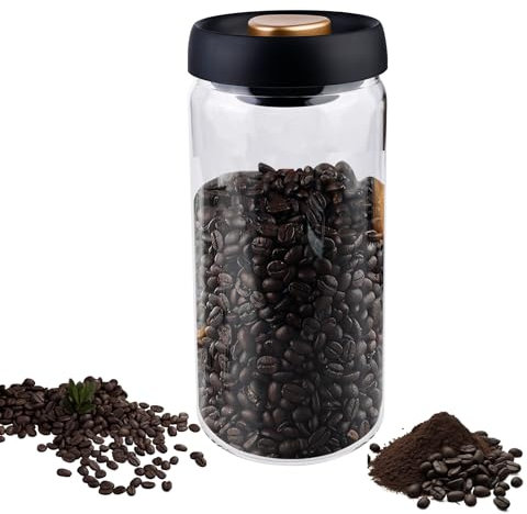 LEKEFETO Barattolo per caffè con coperchio sottovuoto: barattolo da 1800 ml in vetro con coperchio nero, conservazione sostenibile, contenitore per caffè sottovuoto, ermetico per tè, noci, cacao,