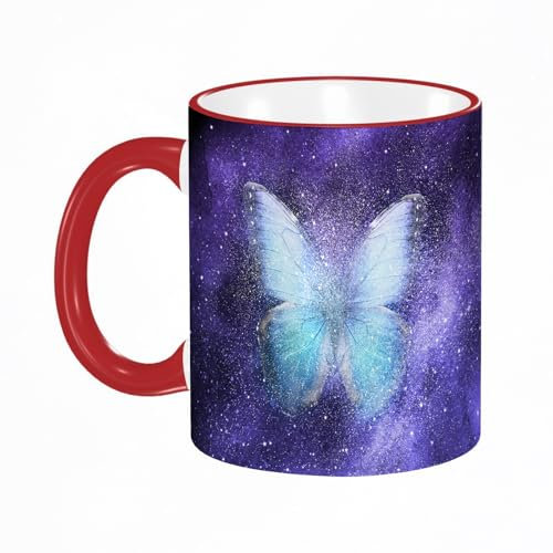 KDWJS Tasse Keramik Kaffeetassen Große 11oz Tassen 330ml Trinkgläser Mit Griff Personalisierte Geschenk Weiß,Universum gefüllt mit Sternen, Schmetterlingen und Galaxien. Aquarell