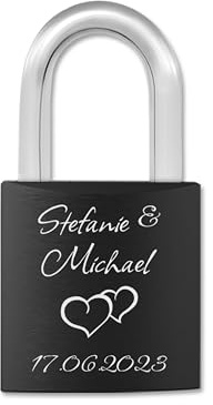 Gravur-Max Liebesschloss mit Gravur in Schwarz – personalisiertes Schloss mit Namen & Datum | hochwertiges Herzschloss aus Metall | romantisches Partner Geschenk für Hochzeit, Jahrestag & Valentinstag