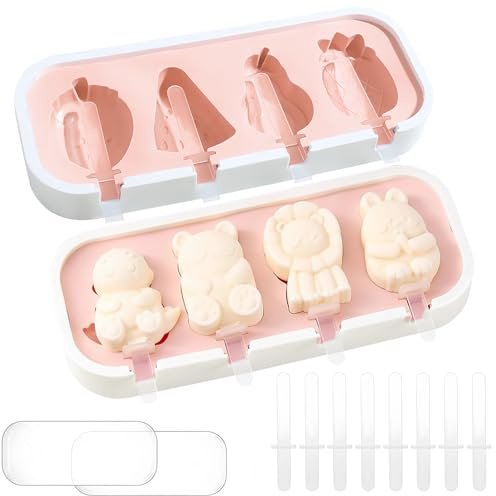 Moldes para Helado Reutilizables con Tapa y Palitos de Silicona con Forma de Animal y 4 Compartimentos Ideales para Hacer tú Mismo y para Interacción Entre Padres e Hijos (Rosa)