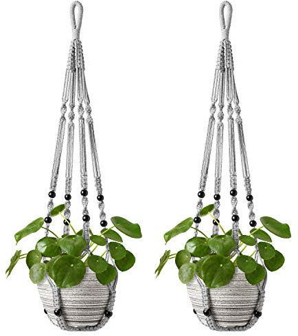 Mkouo makramé, växthänge, blomampel, utomhus, inomhus, hängande blomkrukor med träpärlor, inga tofsar, boho, balkong, dekoration, 89 cm, grå, 2-pack