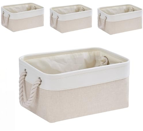 Mangata Aufbewahrungsbox Stoff,Klein Waschbare Aufbewahrungskorb, Korbe in Würfel für Schrank Regal und Kleidung(Hellbeige/Weiß, S,4er Set)