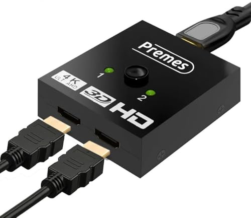 Premes HDMI-Switch – 2 Eingänge, 1 Ausgang, 1 Eingang, 2 Ausgänge HDMI-Splitter 4K @60Hz, HDMI-Adapter – Automatischer Ultra-HD-Switch für PS5, Fire TV Stick, Blu-ray-Player, Fernseher und Monitor