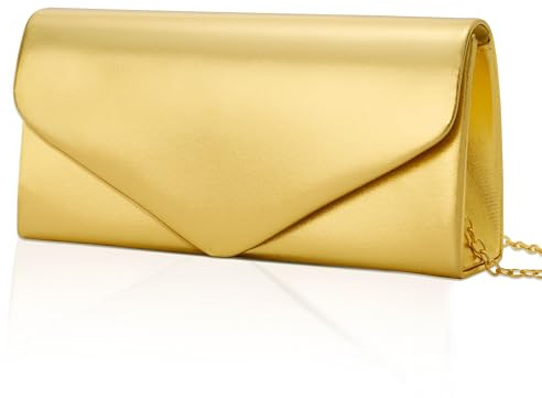 Larcenciel Pochette Oro da Sera, Borsa Oro Donna in Pelle Pu con Catena, Elegante Borse a Mano Clutch a Busta, Borsa a Tracolla Minimalista per Matrimoni, Feste, Prom, Cerimonie, Cocktail, 22x12x5CM