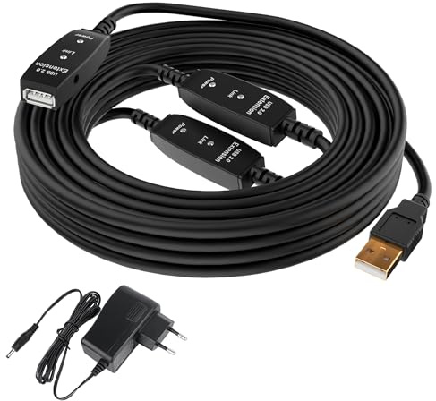 Mygatti USB 2.0 Aktiv Verlängerungskabel 25m,Typ A Stecker auf Buchse,mit 3 Signalverstärker und doppelter LED-Arbeitsanzeige,ABS-Gehäuse,DC Schnittstelle(DC Netzteil im Lieferumfang enthalten)