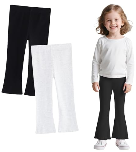 Domueay Leggings Bambina Flared in Cotone a Gamba Svasata Vita Elastica Morbidi e Traspiranti Pantaloni Lunghi Moda Ragazze Abbigliamento per Scuola e Danza, Confezione da 2, 2-3 Anni, Nero Bianco