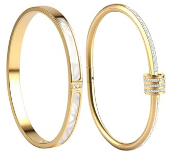 HOMEPAC 2pcs Gold Bangle Bracelets for Women, 18K Gold Plated Stacking Bracelet Set with Cubic Zirconia, Jewelry Gift for Mother