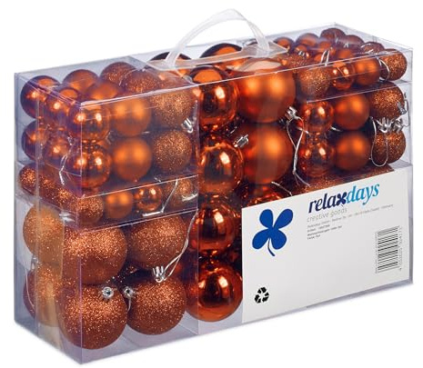 Relaxdays Set de 100 Bolas de Navidad, Decoración navideña, Mate, Brillante, Árbol de Navidad, ∅ 3,4 & 6 cm, Naranja