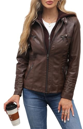 Chaqueta de Piel Sintética para Mujer, Informal, de Manga Larga, con Cremallera para Motociclista, conjunto de Dos Piezas con CaPUcha, Cazadora Bomber, Ropa para Primavera y Otoño, Color Café, XXL