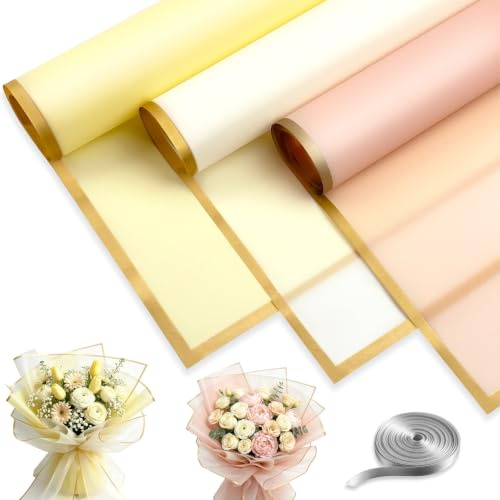 24 Blatt Blumenstrauß Geschenkpapier Wasserdicht Kunststoff-Blumenfolie | mit Goldrand, Blumenpapier für Geschenkverpackungen, BlumenKunst und Handwerk (58x58cm)