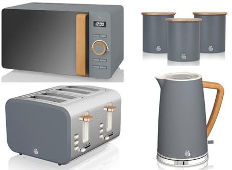 Swan Nordic Grey 6 Piece Kitchen Set – 1.7L Jug Kettle, 4 Slice Toaster, 20L 800W Microwave & 3 Canisters | Scandinavian Inspired Design with Wood Effect Accents