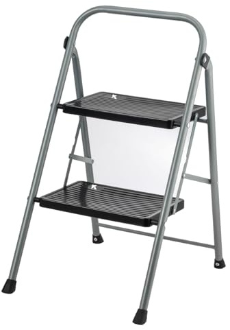 Escalera Plegable, Gris Oscuro – Metal Reforzado, Peldaño Extra Ancho, Apoyabrazos, 150 kg (Negro, 2 Peldaños)