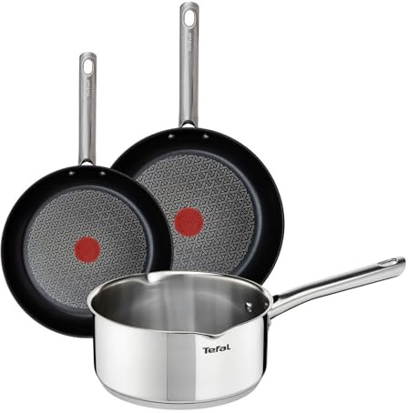 Tefal Duetto - Juego de 3 piezas, Acero inoxidable | 2 Sartenes de 24/28 cm + Cazo de 16cm, Revestimiento antiadherente, Apto inducción, Thermo-Spot, Mango robusto
