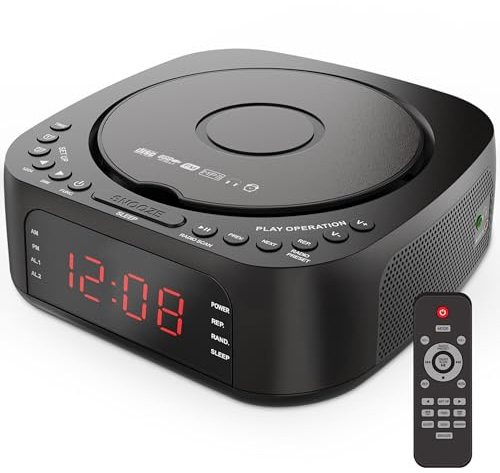 KUEPHOM CD Player Alarm Clock Radio with Bluetooth & Remote | CD/USB/MP3 FM Radio with Stereo Speakers, Sleep Timer, USB Charger and Dimmable Display, Dual Alarm for Heavy/Light Sleeper