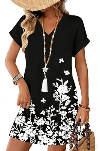 makabaky Robe Été Femme Manches Courtes Col V Poches Plage Chic Légère