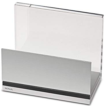 MAUL Kartenständer A5 MAULacro glasklar silber Acryl freistehend | rutschfeste Standnoppen, sicherer Halt, elegante Tischpräsentation, kompakte Bauform, schneller Austausch von A5 Einlagen
