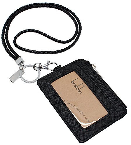 Boshiho Ausweishalter Leder mit Band, Ausweishalter Kartenhalter mit Zipper für ID Card Badge Holder Business Büro