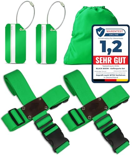 Koffergurt Set 4 Stück - Gepäckgurt + Gratis 2 Kofferanhänger - Grün