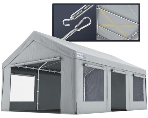 Quictent Heavy Duty 12x20 ft Carports with Side Zipper Doors & Snowproof Steel Cables & Ventilated Windows, Waterproof Storage Shelter for Car, Boat, RV, Outdoor Equipment, Gray
