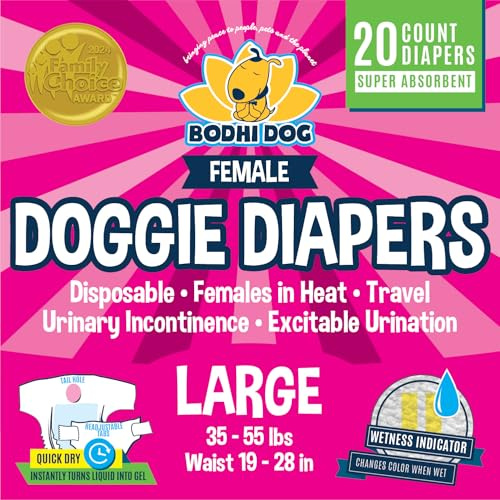 Bodhi Dog Disposable Female Dog Diapers - Super Absorbent Dog Diapers for Female Heat Cycle - Adjustable Fit Pee Wraps for Potty Training, Moisture Control & Wetness Indicator - Large (20 Count)