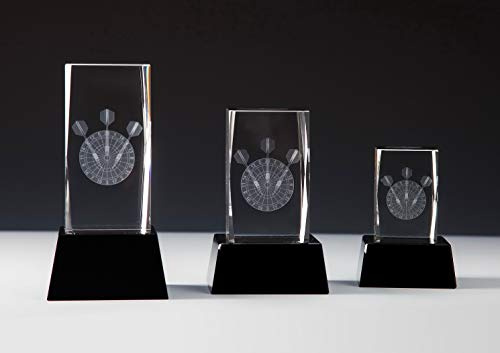 Henecka Dart-Pokal, Glastrophäe 3D-Lasermotiv Darts, Kristallglas, schwarzer Glassockel, mit Wunschgravur, Größe 14 cm