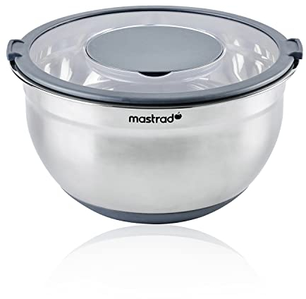 Mastrad Stahl-Rührschüssel rostfrei- Salatschüssel mit durchsichtigem Deckel und Griffen - zum Mischen, Backen, Zubereiten, Lagern und Servieren von Zutaten - spülmaschinengeeignet, 3L