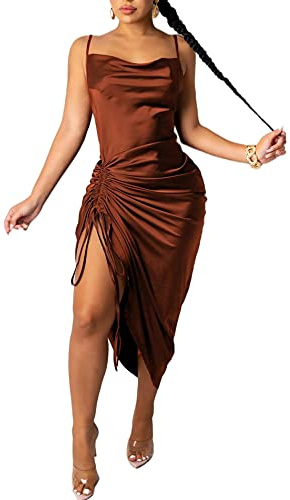 HAHAEMMA Robe de loisirs sans manches à bretelles spaghetti en satin pour femme - Cocktail - Plage - Soirée - Col rond - Motif à pois - Léopard - Robe midi, M