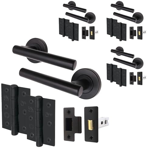 EAI Matt Black Door Handles with Latches and Hinges, 4 Pack - Oliena | Complete Latch Kit with 4 Pairs of T-Bar Door Handles, 64mm Latches, 76mm Hinges, Fixings Included
