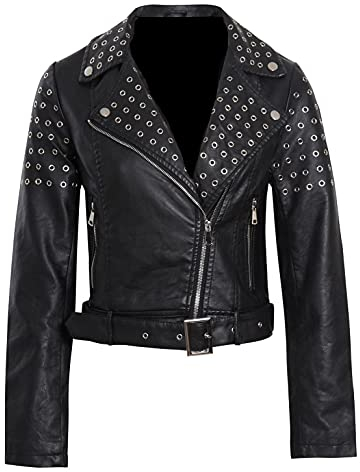 Brando Rock Punk Damen Motorradjacke aus echtem Leder mit Nieten, Schwarz - Schwarz - XXX-Large
