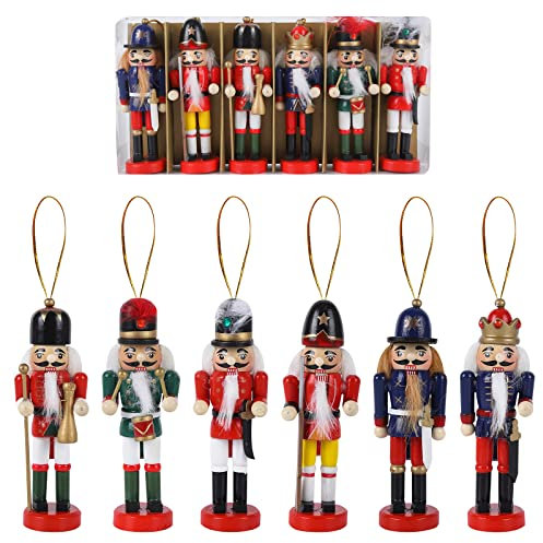 Set of 6 Wooden Nutcracker Soldier Ornaments - 13cm/5.1 Tall Figures with Stand - Xmas Decorations for Traditional Christmas Tree