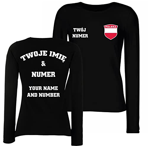 lepni.me Kvinnor Långärmad T-shirt Polen Fotbollströja Ditt Namn och Nummer | Polska Flagga Badge Personlig Tröja Custom Top | VM 2022 (M Schwarz Flerfärgad)