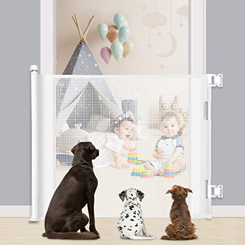 Barrière de Sécurité Rétractable 0-140cm, MYPIN Barriere de Securite Enfant Rétractable, Barriere de securite Chien pour Les Escaliers/Portes/Couloirs/Intérieur/Extérieur, Blanc