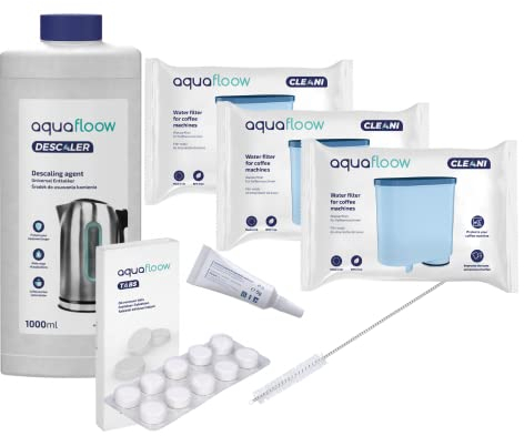 Aquafloow Kit d'Entretien Complet pour Machines à Café Compatible avec Philips Saeco | 3x Filtres à Eau de Rechange AquaClean, Pastilles de Nettoyage 10x2g, Détartrant 1l, Brosse de Nettoyage, Graisse