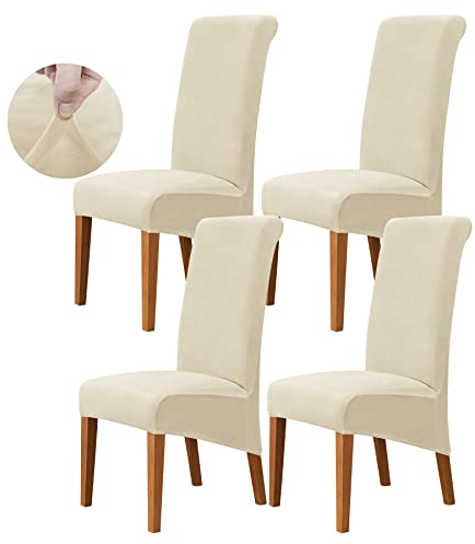 Ruucy Stuhlhussen Samt XL 4er Set, Stretch Stuhlbezug für Esszimmerstühle, Waschbar Sesselbezug Universal Sesselhusse für Esszimmer, Hotel, Bankett, Hochzeit, Party (Beige)