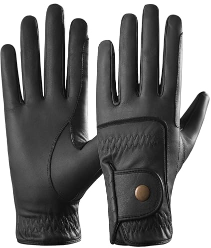 AFE Genuine Leather Horse Riding Gloves Ladies Dublin Track Gloves Leather Equestrian (Black, Large)